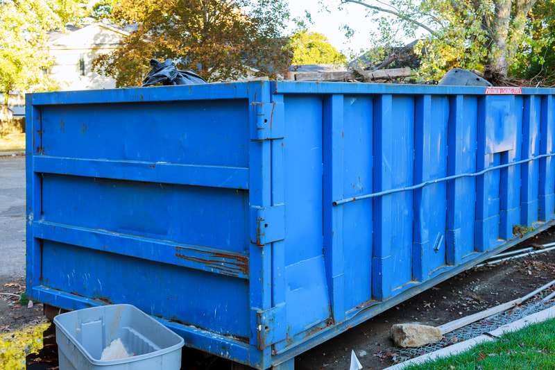 Blue dumpster is located at a local park for a clean-up project they recently did.